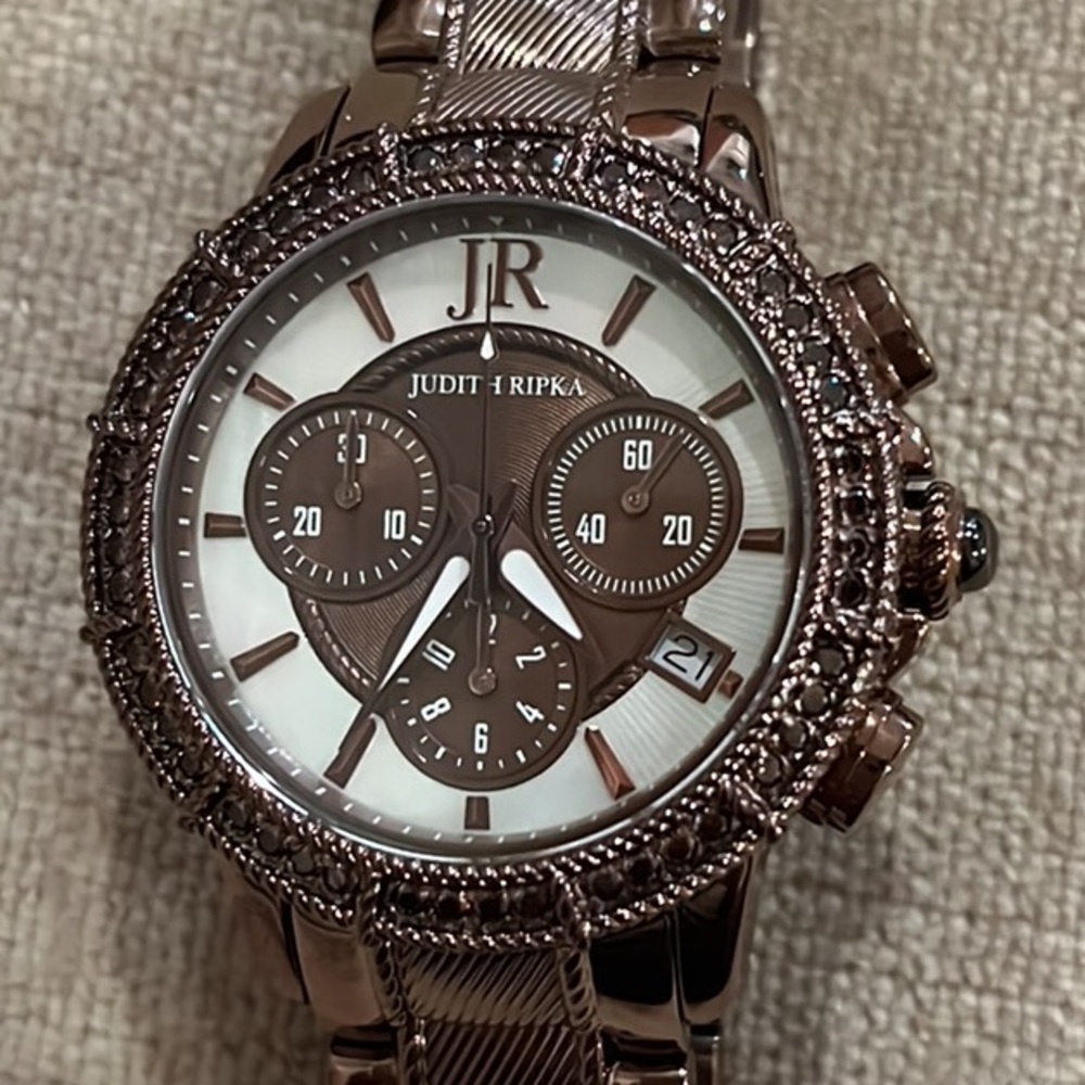 NWOT Judith Ripka Stainless Steel Chocolate Brown Chronograph Watch New Battery - Picture 2 of 10